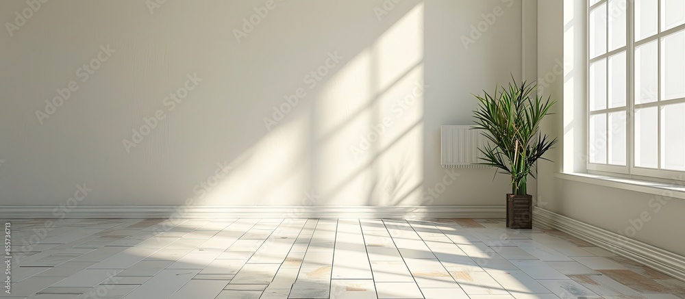 Poster empty room with wooden baseboards with white ceramic flooring, aluminum radiator and ceiling fan. wi