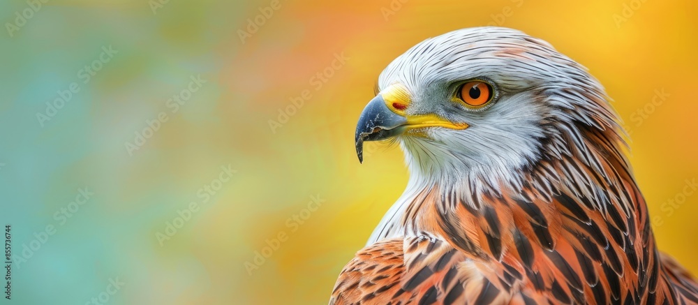 Poster red kite head closeup (milvus milvus) pastel background. with copy space image. place for adding tex