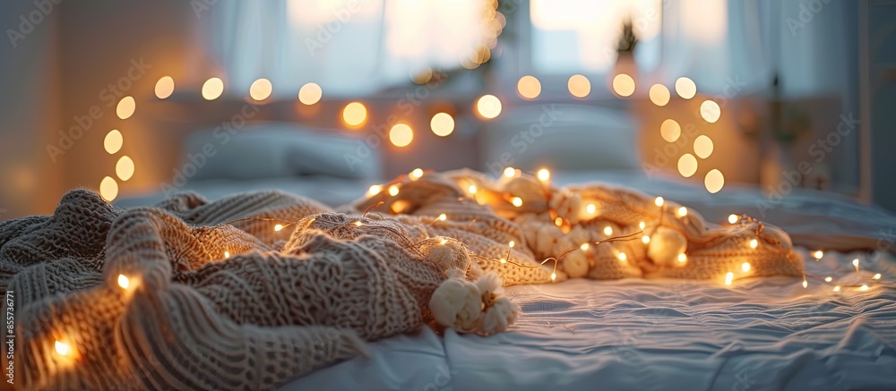 Aufkleber beautiful glowing garland lying on bed and burning in twilight. with copy space image. place for add