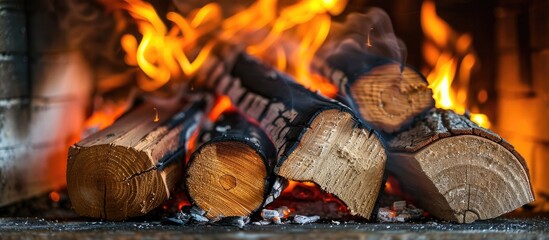 Close up shot of burning firewood in the fireplace. with copy space image. Place for adding text or design