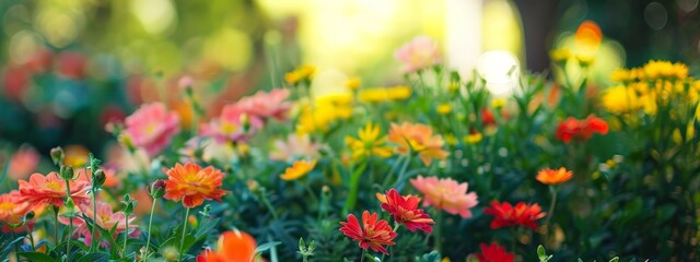Fototapeta premium Serene Blurred Garden Blooms with Ample Copyspace for Text Overlay