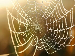 Glistening Dew Drops on Intricate Spider Web Close-Up, Nature Background with Copy Space