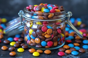 A glass jar filled with colorful chocolate peanuts , with the lid slightly open and a few candies spilled out. 