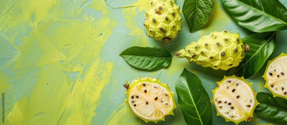 Poster close up of morinda noni fruit or buah mengkudu pastel background. with copy space image. place for 