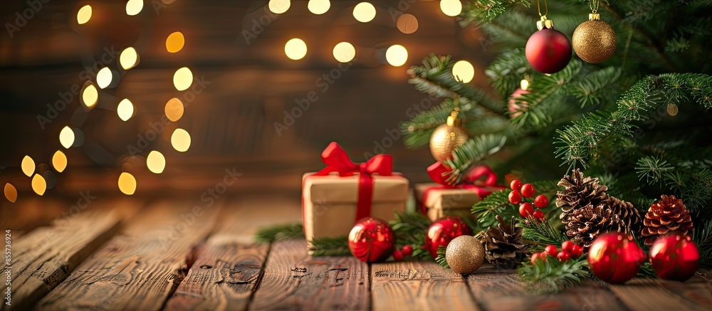 Poster christmas or new year still life with gift boxes and baubles below christmas tree on a wooden table.