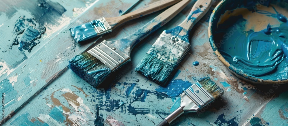 Poster house renovation tools. old used brushes and blue paint in paint tray. with copy space image. place 