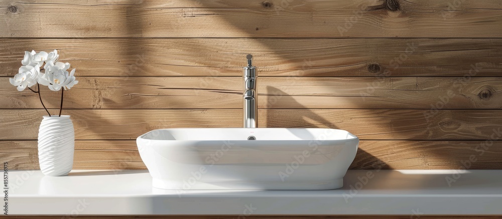 Poster white sink with silver faucet near wooden wall. with copy space image. place for adding text or desi