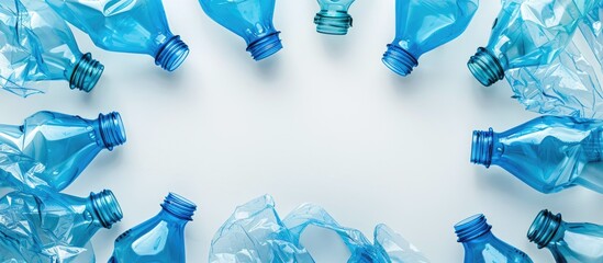 Crumpled blue plastic PET bottles lie in a circle with their necks in the center on a white background, in the middle there is an empty space. Square image format. with copy space image