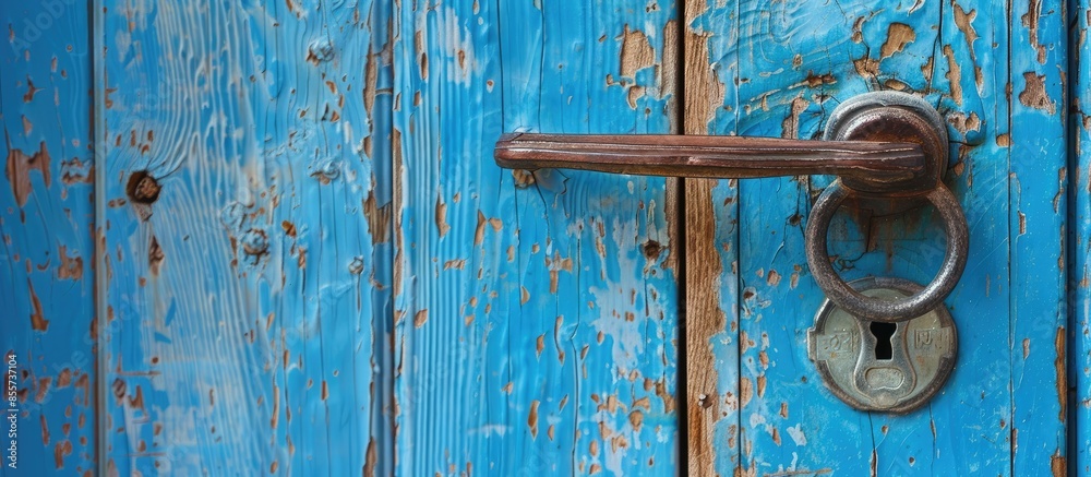 Poster Metal handle and keyhole of blue entrance door. with copy space image. Place for adding text or design