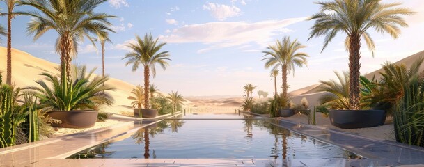 Fototapeta premium Desert oasis with palm trees reflecting in a serene pool, surrounded by rocky terrain under a bright blue sky