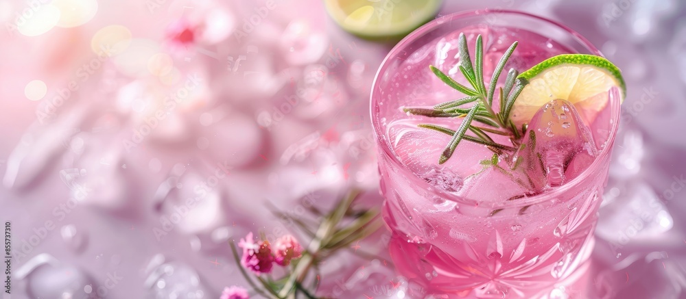 Leinwandbilder Refreshing pink drink or cocktail with ice, garnished with a slice of lime and rosemary. Copy space image. Place for adding text or design