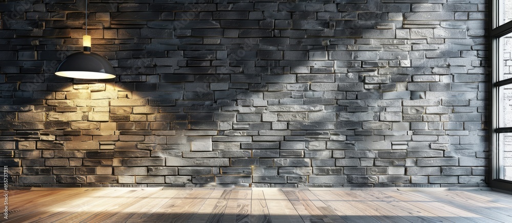 Poster empty room interior design modern lamp and stone wall. with copy space image. Place for adding text or design