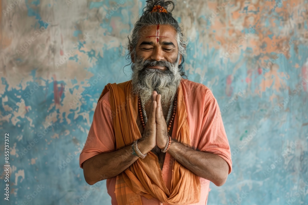 Wall mural Portrait of a tender indian man in his 50s joining palms in a gesture of gratitude isolated in minimalist or empty room background - Wall murals