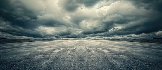 Asphalt road and sky dark cloud background. Copy space image. Place for adding text or design