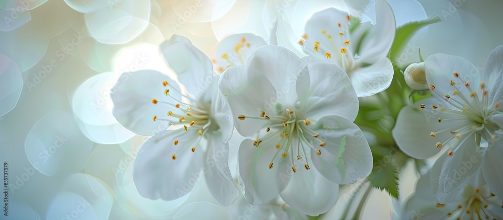 Aufkleber White flowers isolated with macro view and blurred background inside apartment. with copy space image. Place for adding text or design