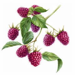 Detailed botanical illustration of ripe raspberries on the vine, evoking concepts of organic farming, fresh produce, and summer harvest