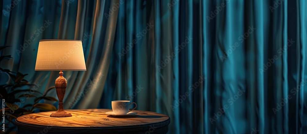 Aufkleber Small wooden table with lamp and cup on curtain background. with copy space image. Place for adding text or design