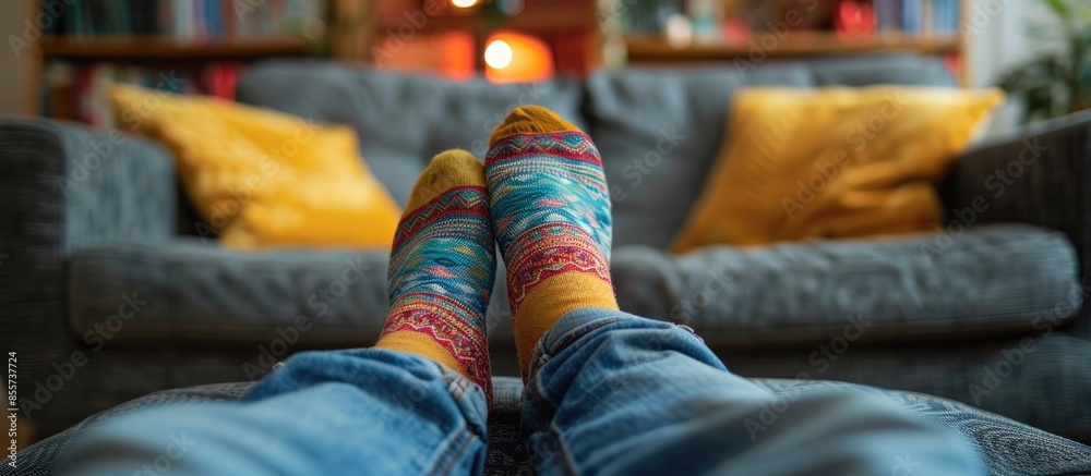 Poster Man laying on a couch with cozy socks. with copy space image. Place for adding text or design