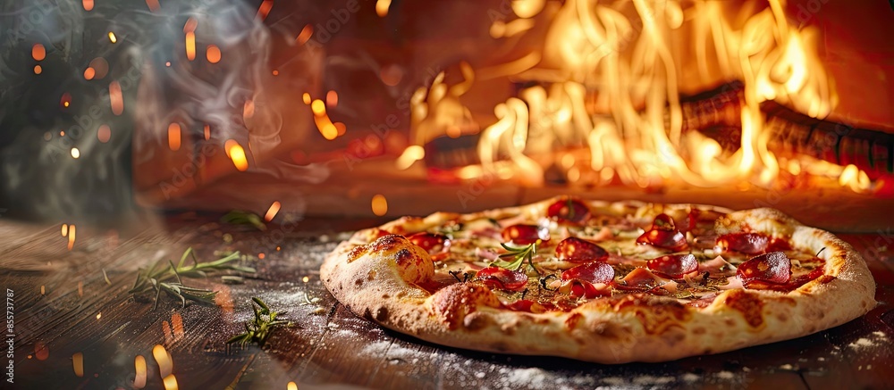 Poster italian pizza with salami and fire flames in wood burning oven. with copy space image. place for add