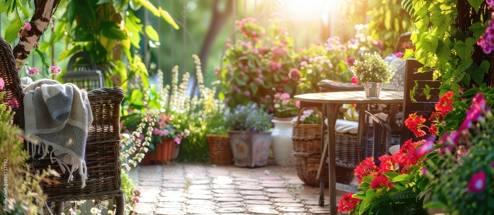 Poster Cozy terrace in the garden with flowers. with copy space image. Place for adding text or design