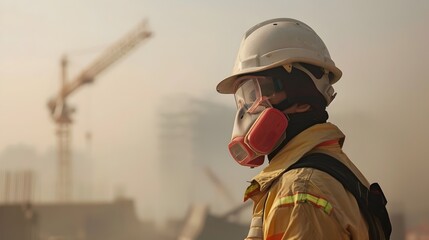 Fototapeta premium Worker With Protective Gear at Smog Filled Construction Site