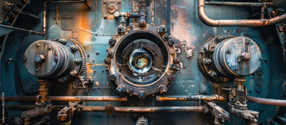 Poster Parts of the built-in automatic gas boiler in the house, view from the inside. with copy space image. Place for adding text or design