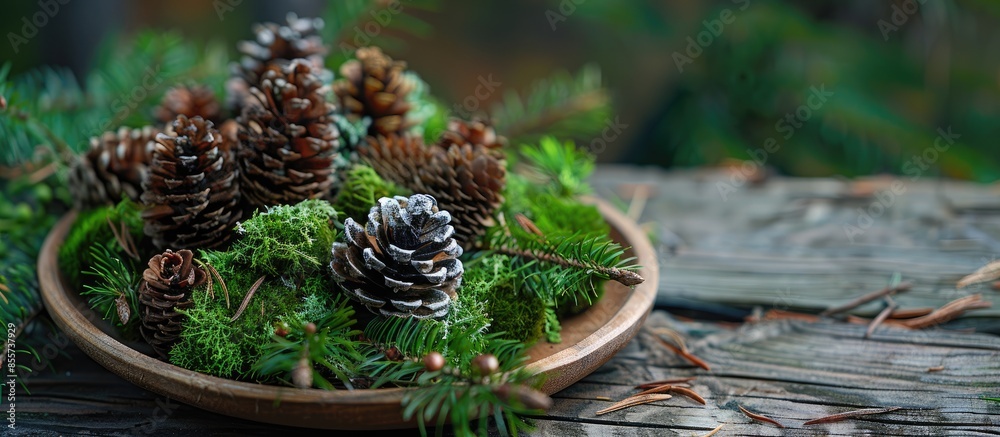 Poster christmas decoration using natural dried moss.holiday season. concept of no waste. with copy space i