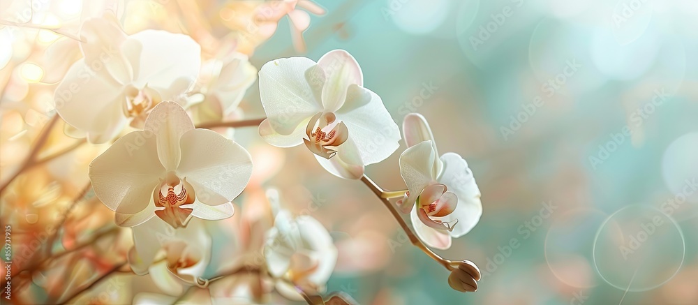 Poster beautiful orchid flowers in the garden pastel background. with copy space image. place for adding te