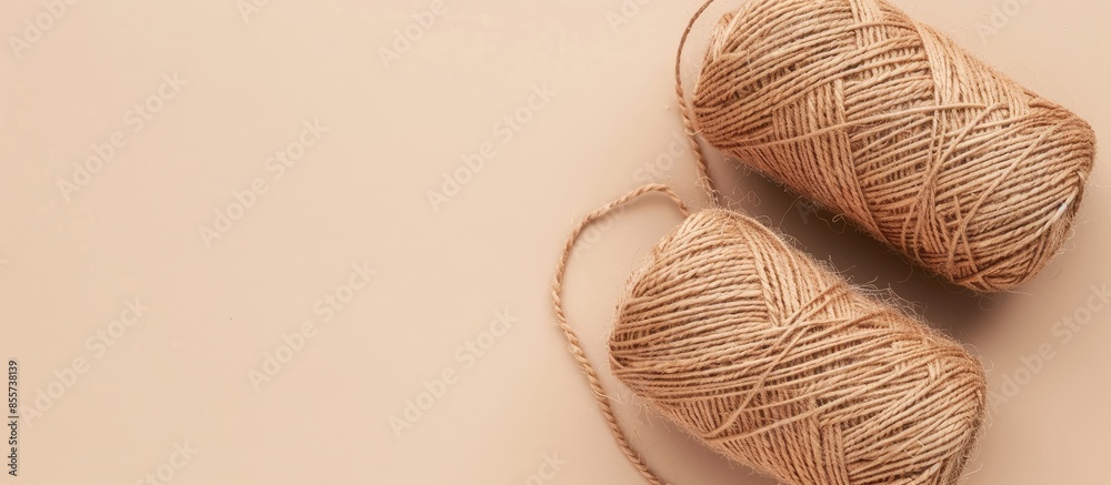 Poster two brown thread rolls isolated on pastel background. with copy space image. place for adding text o