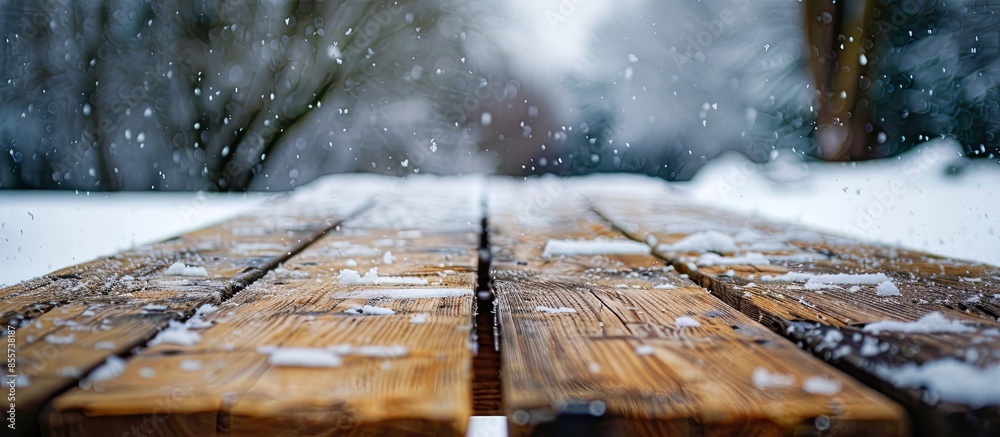 Poster A huge wooden table outside in the snow. with copy space image. Place for adding text or design