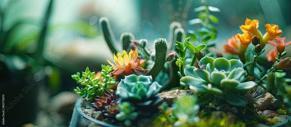 Poster Miniature home flowers succulents and cactus in the greenhouse Nature background close up. with copy space image. Place for adding text or design