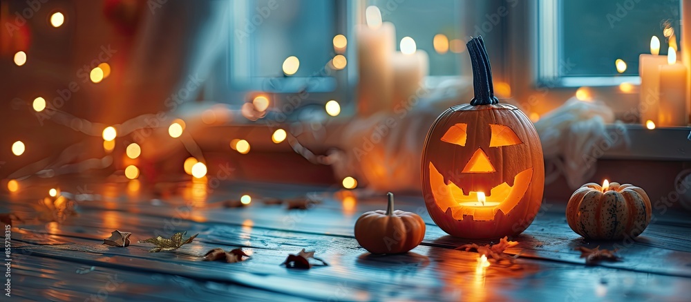 Poster Halloween - Jack O' Lanterns - Candles And String Lights On Wooden Table. Copy space image. Place for adding text or design