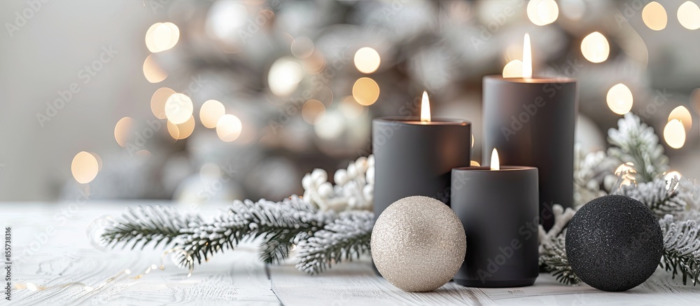 Poster black burning candles with christmas balls in white interior. with copy space image. place for addin