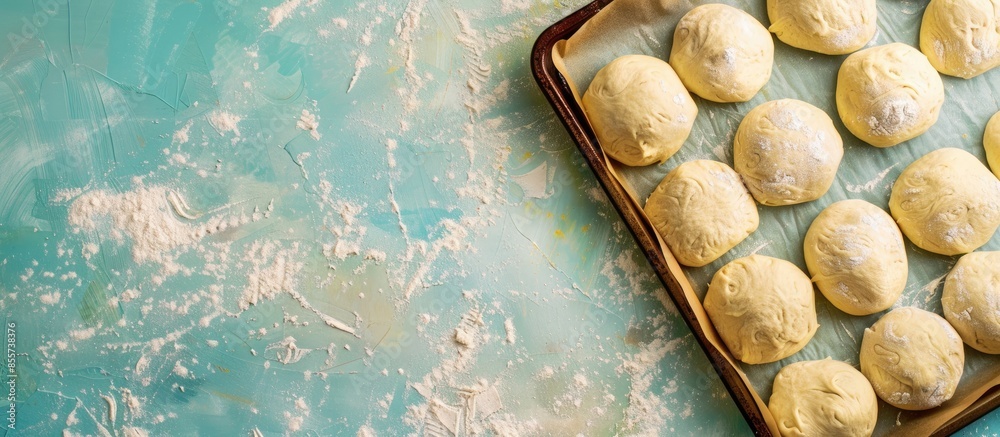 Fototapete pizza dough rolls on baking tray pastel background tray. with copy space image. place for adding tex