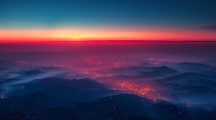 Fototapeta premium Red and blue gradient sky mountains illustration poster background