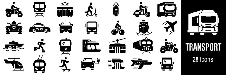 Transport Web Icons. Public Transport, Train, Metro, Extreme Transport, Bike. Vector in Line Style Icons