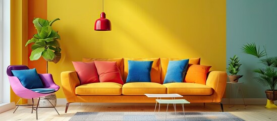 colorful sofa, stylish chair and furniture for interior design . with copy space image. Place for adding text or design