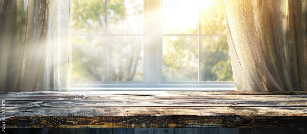 Fototapete Empty of wood table top on blur of window. For montage product display or design key visual layout. with copy space image. Place for adding text or design