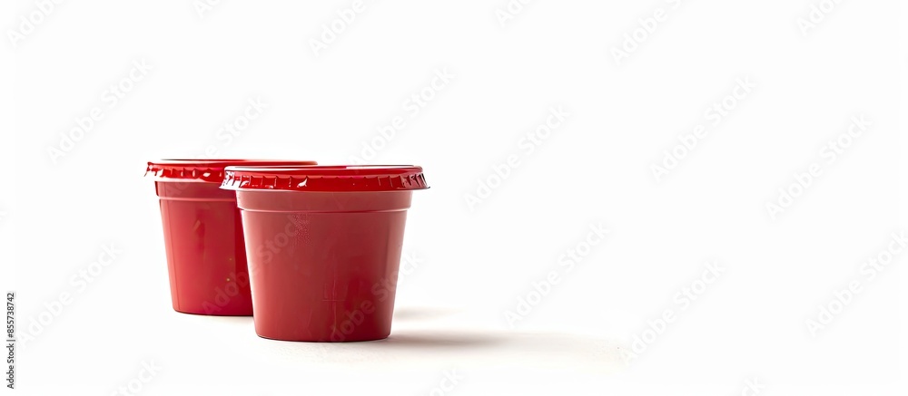Poster plastic disposable sauce cup isolated on white. copy space image. place for adding text or design