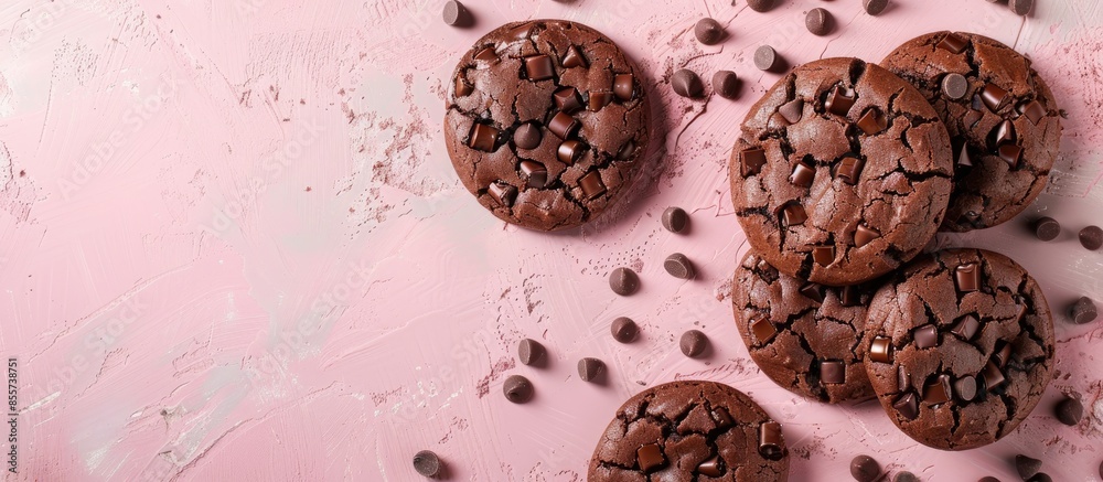 Fototapete studio shoot of chocolate cookies and mik on pastel background. with copy space image. place for add