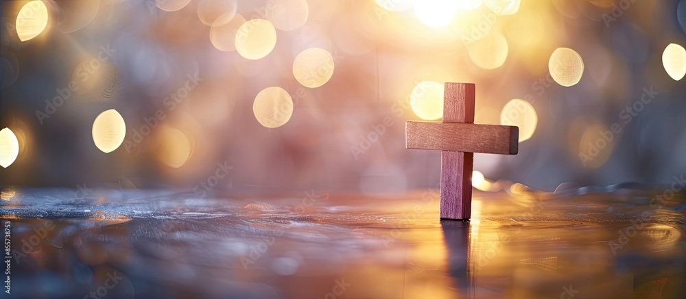 Fototapete Wooden Christian Cross out of focus with a soft bokeh lights background. Copy space image. Place for adding text or design