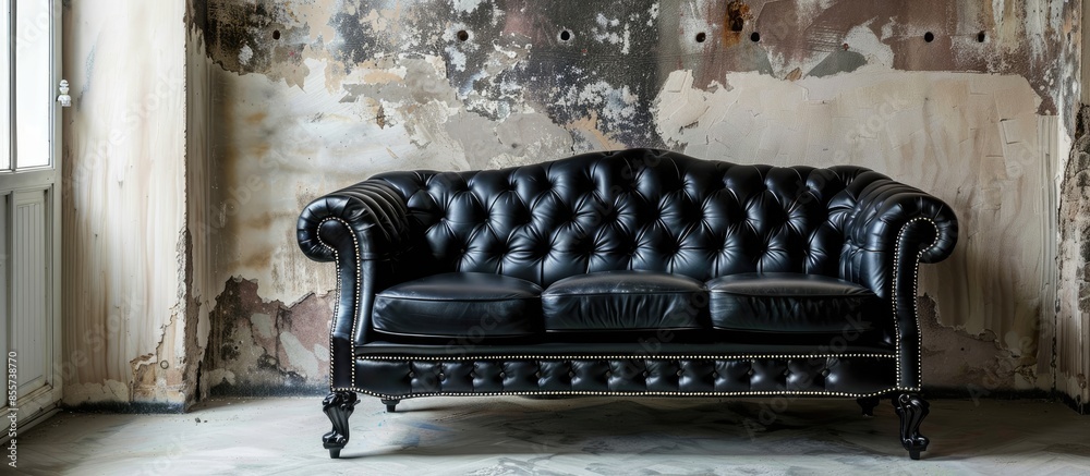 Aufkleber Black genuine leather classical style sofa in vintage room with frame. with copy space image. Place for adding text or design