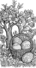 A basket of eggs is sitting on a tree branch in a field
