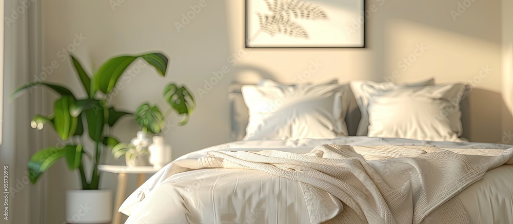 Poster bedroom room in beige blurred background. with copy space image. Place for adding text or design