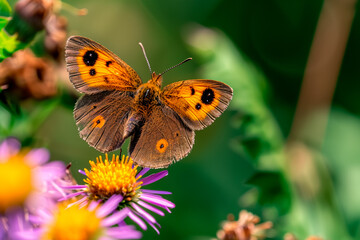 Beautiful Wood Brown Eye butterfly rests among the foliage of a garden