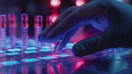 Doctora??s hand places DNA sample on glass slide.