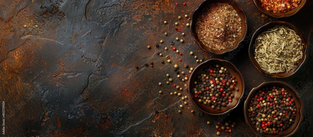 Aufkleber spice background, top view. seasoning in cups. Copy space image. Place for adding text or design