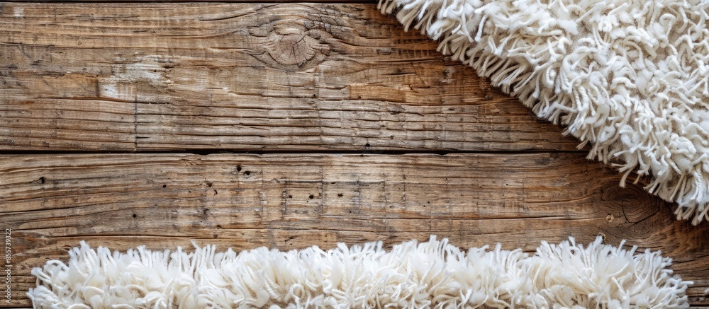 Aufkleber Fuzzy carpet on wooden background, top view with space for text. with copy space image. Place for adding text or design