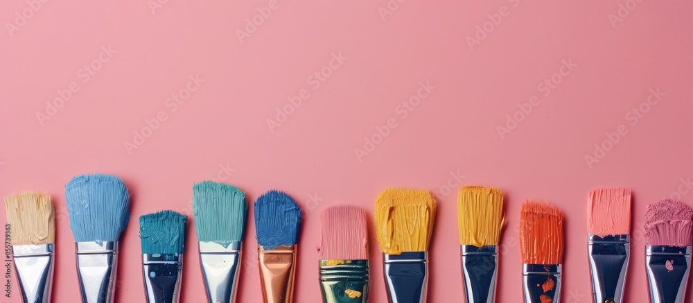 Poster many colorful paint brush of artist be stained isolated on pastel background with copy space object,