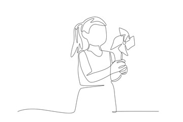 Girls playing with windmills. World ozone day concept one-line drawing